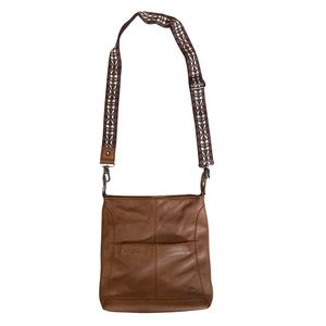The Sak Brown Cognac Leather Crossbody Bag with Tribal Print Strap